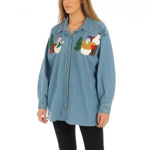 Vintage Christmas Denim Button Up Shirt Womens 2X‎ Blue Holiday Embroidered Snow
